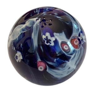 Glass Eye Studio Art Glass Millefiori Paperweight Cobalt Blue 6" Diameter